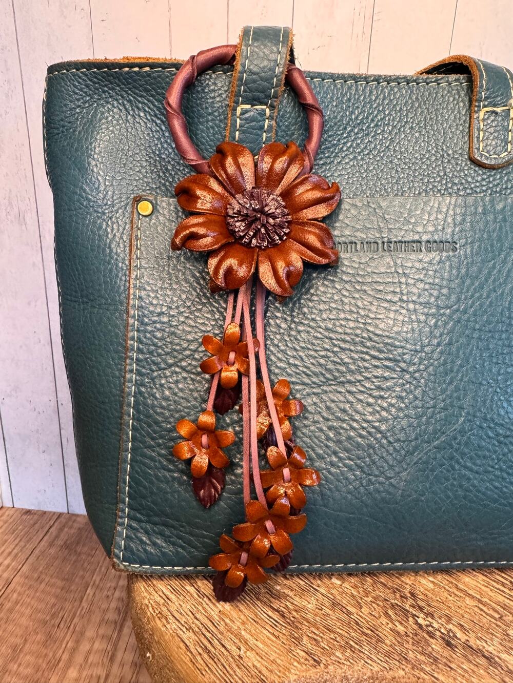 Leather Flower Purse Charm Genuine Leather Brown Daisy Bag Charm FAST SHIP NEW